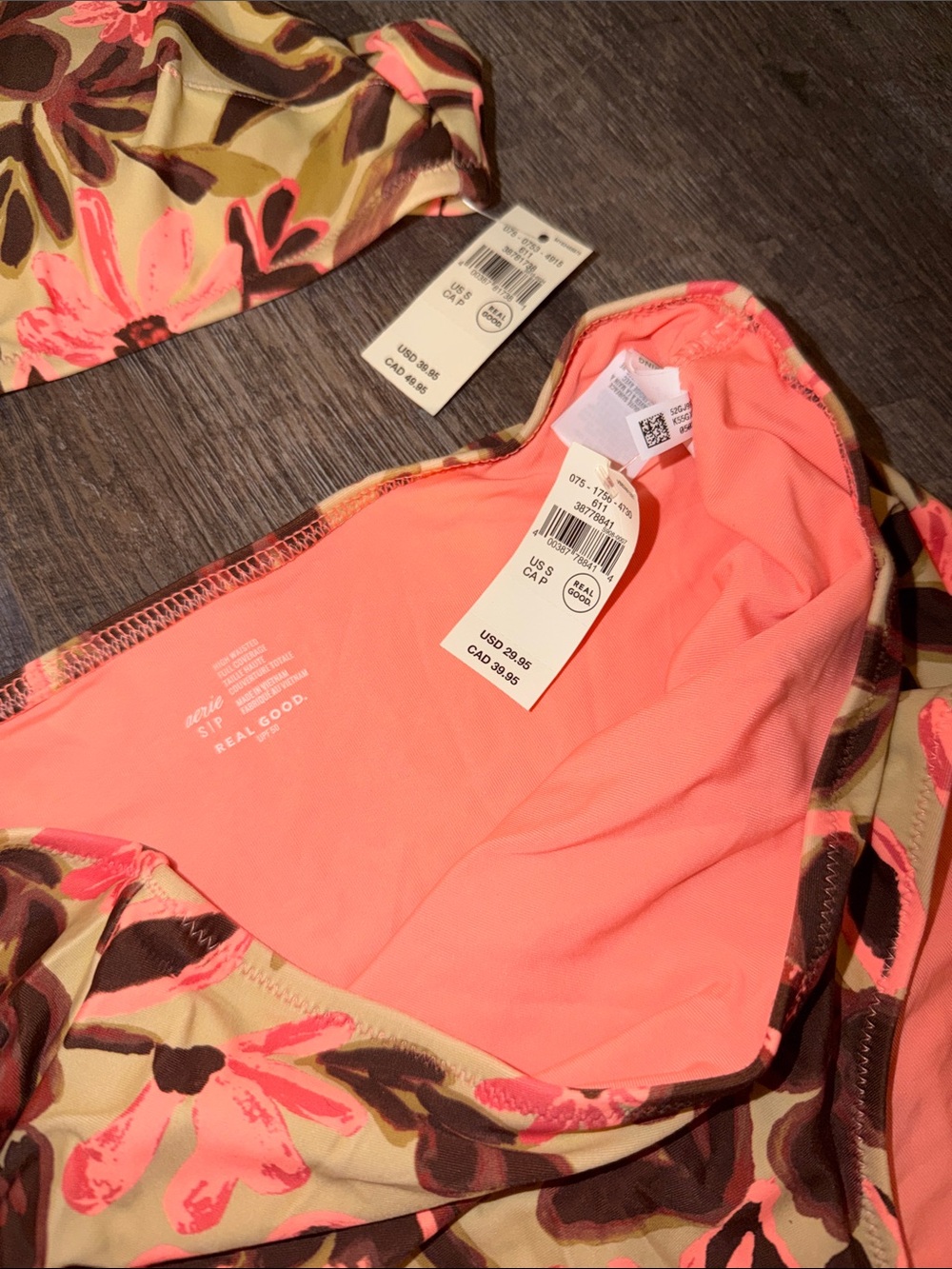 aerie Floral High-Waist Bikini Set - Pink, Brown & Cream - Picture 2 of 5